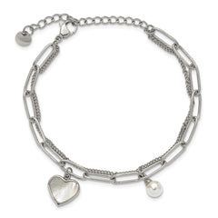 Chisel Stainless Steel Polished Mother of Pearl Heart and Simulated Pearl 6.5 inch Plus a 2 inch Extension Bracelet SRB3221-6.5