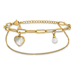 Chisel Stainless Steel Polished Yellow IP-plated Mother of Pearl Heart and Simulated Pearl 6.5 inch Plus a 2 inch Extension Bracelet SRB3222-6.5