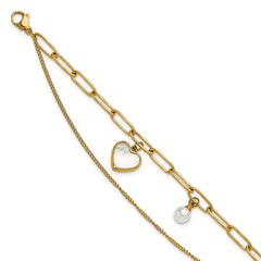 Chisel Stainless Steel Polished Yellow IP-plated Mother of Pearl Heart and Simulated Pearl 6.5 inch Plus a 2 inch Extension Bracelet SRB3222-6.5