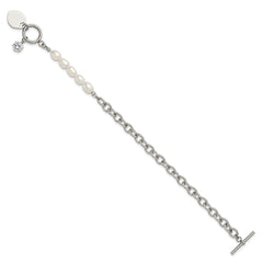 Chisel Stainless Steel Polished with Half White Freshwater Cultured Pearl and CZ Heart Dangle 8.25 inch Bracelet SRB3225-8.25