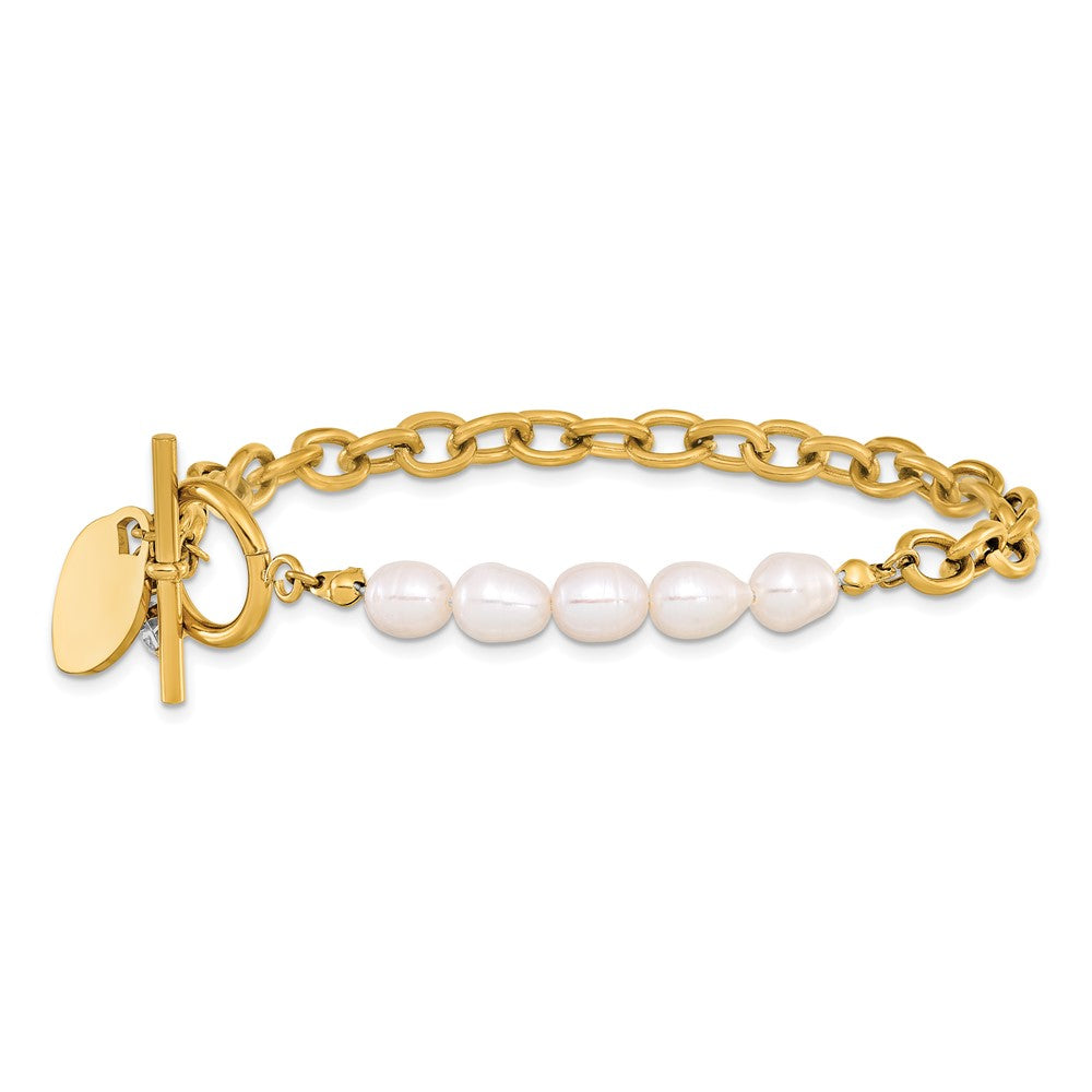 Chisel Stainless Steel Polished Yellow IP-plated with Half White Freshwater Cultured Pearl and CZ Heart Dangle 8.25 inch Bracelet SRB3226-8.25