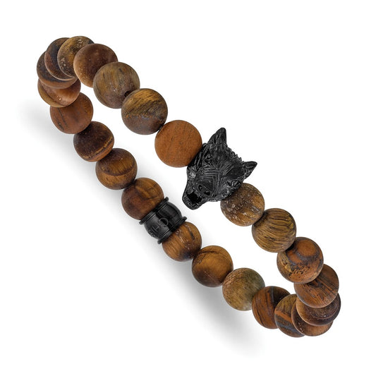 Chisel Stainless Steel Polished Black IP-plated Wolf Head 8.5mm Matte Yellow Tiger's Eye Beaded 7 inch Stretch Bracelet SRB3233