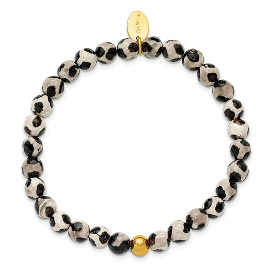 Chisel Stainless Steel Polished Yellow IP-plated 6mm Black Spot Agate Beaded 6.25 inch Stretch Bracelet SRB3241