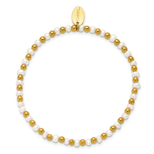 Chisel Stainless Steel Polished Yellow IP-plated 3mm White Freshwater Cultured Pearl Beaded 6.5 inch Stretch Bracelet SRB3249