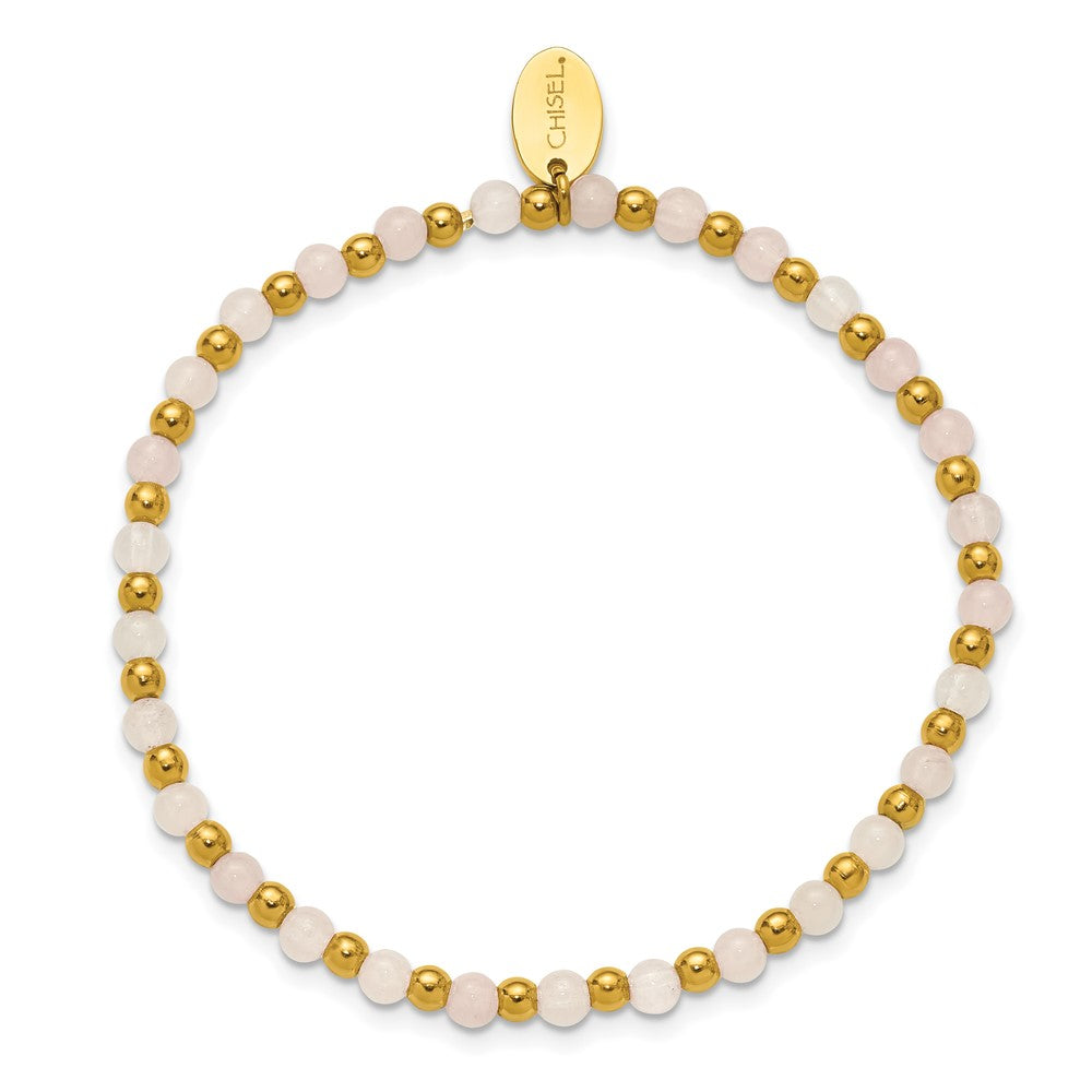 Chisel Stainless Steel Polished Yellow IP-plated 3mm Pink Quartz Beaded 6.25 inch Stretch Bracelet SRB3250