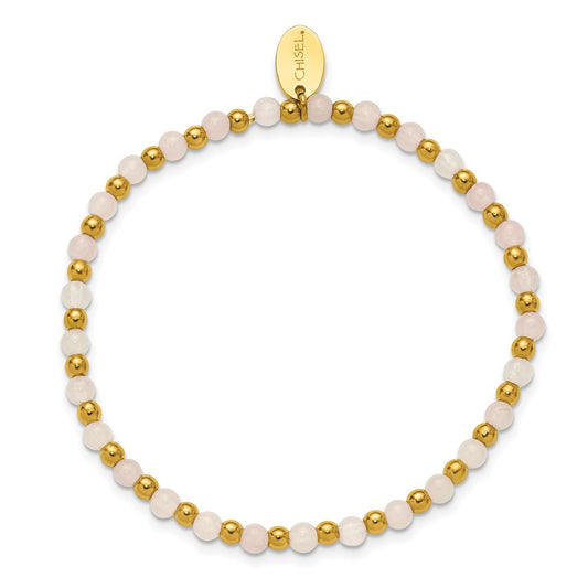 Chisel Stainless Steel Polished Yellow IP-plated 3mm Pink Quartz Beaded 6.25 inch Stretch Bracelet SRB3250