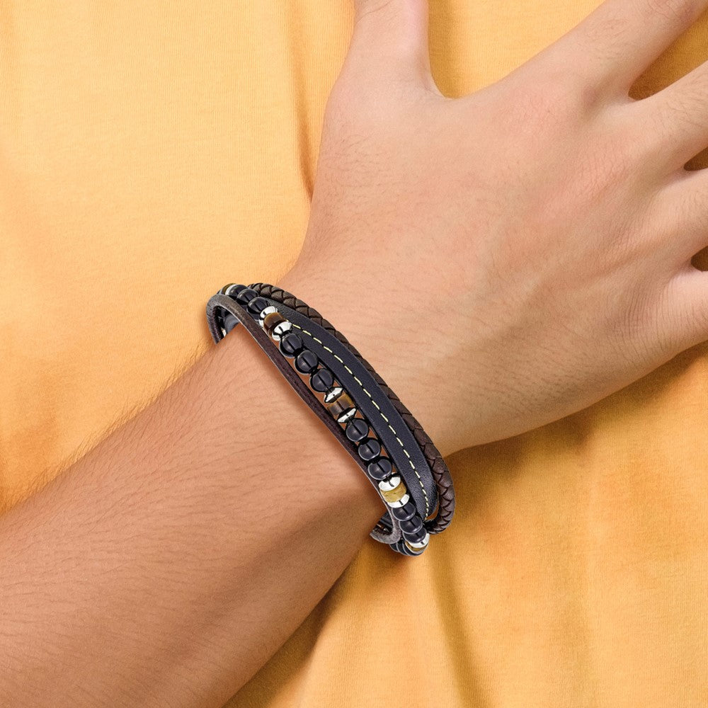 Chisel Stainless Steel Polished Onyx and Tiger Eye Beaded Black and Brown Leather Multi Strand 8 inch Plus .5 inch Extension Bracelet SRB3255-8