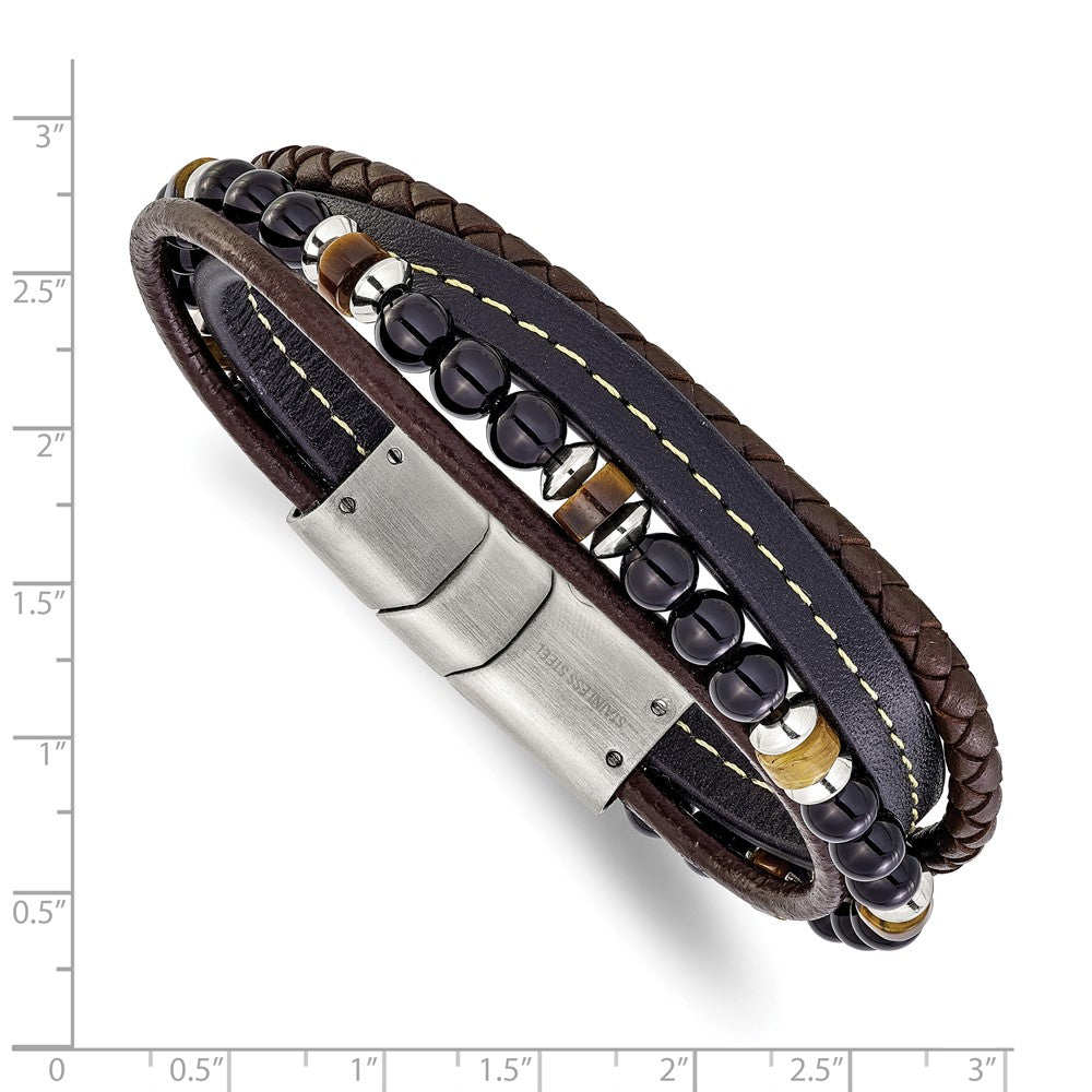 Chisel Stainless Steel Polished Onyx and Tiger Eye Beaded Black and Brown Leather Multi Strand 8 inch Plus .5 inch Extension Bracelet SRB3255-8