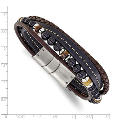 Chisel Stainless Steel Polished Onyx and Tiger Eye Beaded Black and Brown Leather Multi Strand 8 inch Plus .5 inch Extension Bracelet SRB3255-8