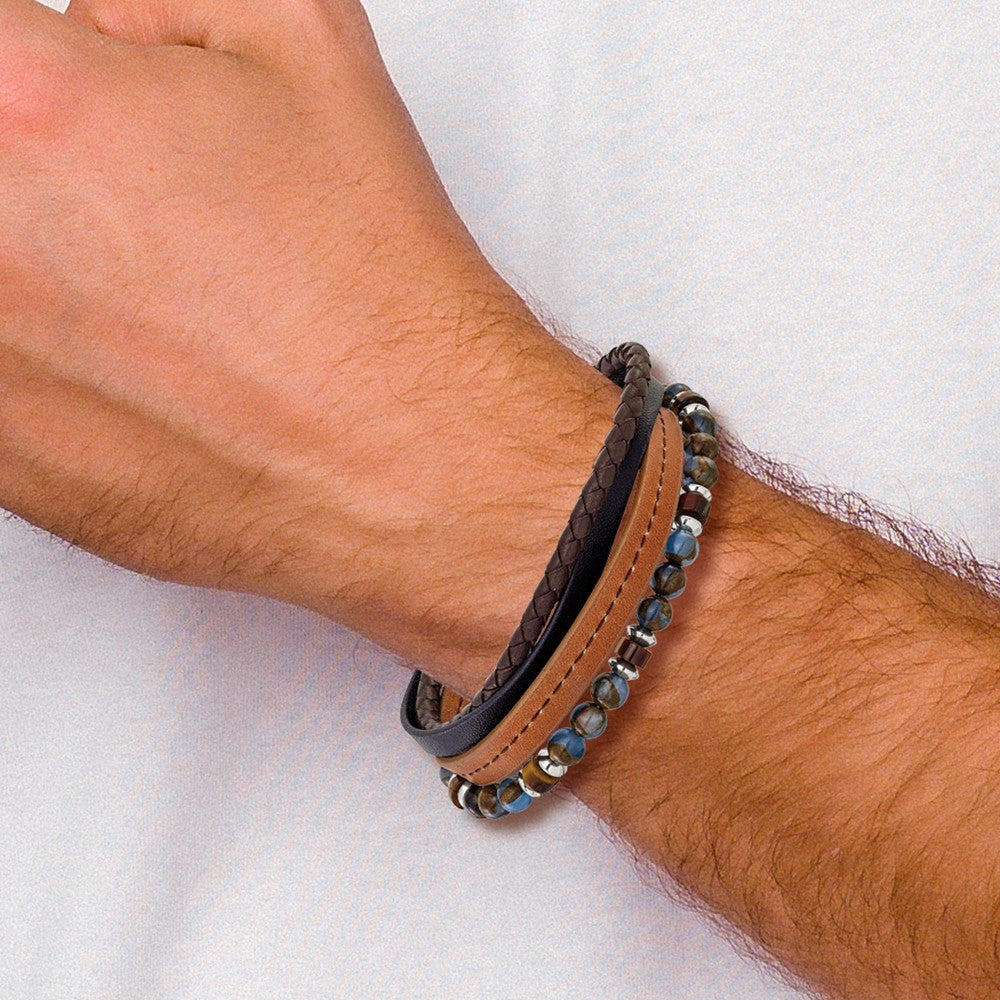 Chisel Stainless Steel Polished Blue Golden and Tiger's Eye Beaded Black and Brown Leather Multi Strand 8 inch Plus .5 inch Extension Bracelet SRB3256-8