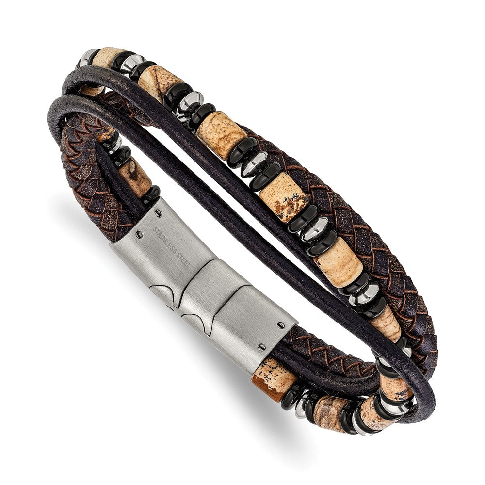 Chisel Stainless Steel Polished Onyx and Picture Jasper Beaded Black and Brown Leather Multi Strand 8 inch Plus .5 inch Extension Bracelet SRB3257-8
