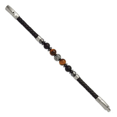 Chisel Stainless Steel Brushed and Polished Onyx and Tiger's Eye Black Leather 8 inch Plus .5 inch Extension Bracelet SRB3260-8