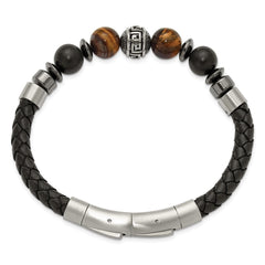 Chisel Stainless Steel Brushed and Polished Onyx and Tiger's Eye Black Leather 8 inch Plus .5 inch Extension Bracelet SRB3260-8