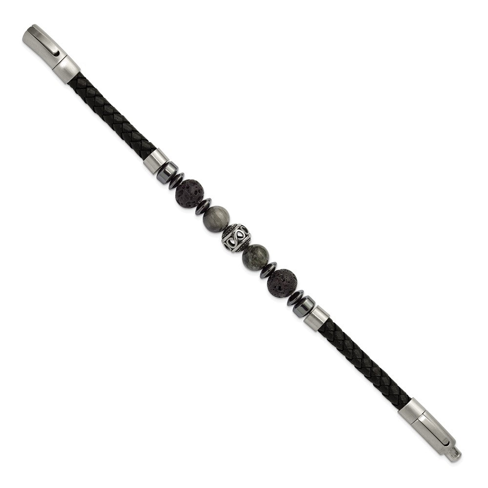 Chisel Stainless Steel Brushed Lava and Tiger's Eye and Hematite Black Leather 8 inch Plus .5 inch Extension Bracelet SRB3261-8