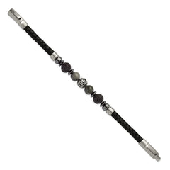 Chisel Stainless Steel Brushed Lava and Tiger's Eye and Hematite Black Leather 8 inch Plus .5 inch Extension Bracelet SRB3261-8
