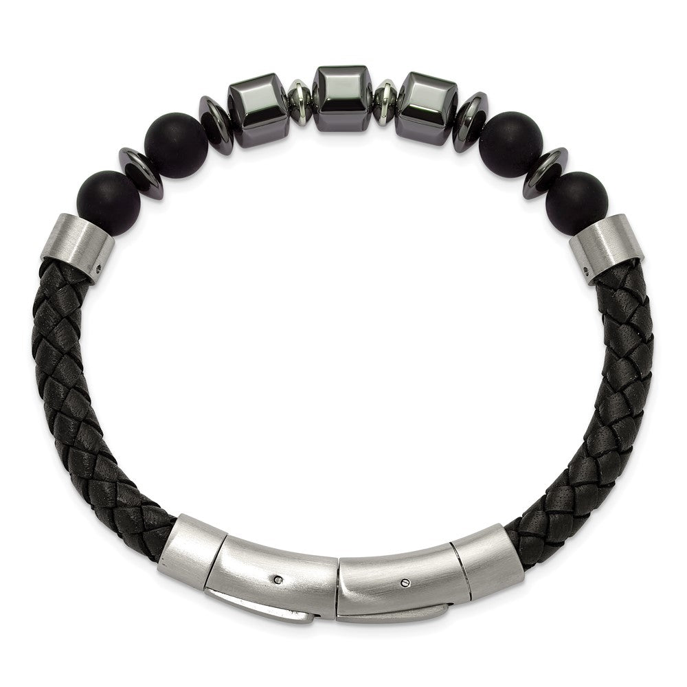 Chisel Stainless Steel Brushed Onyx and Hematite Beaded Black Leather 8 inch Plus .5 inch Extension Bracelet SRB3262-8
