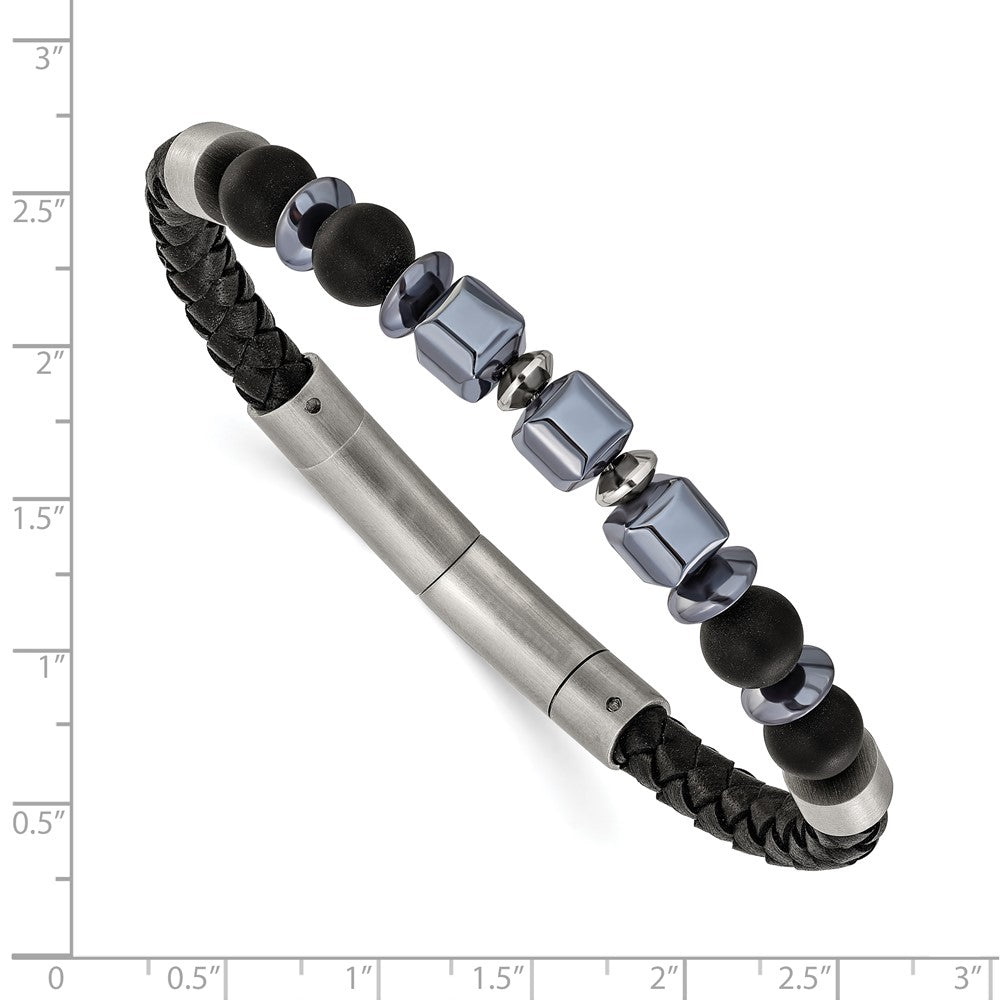 Chisel Stainless Steel Brushed Onyx and Hematite Beaded Black Leather 8 inch Plus .5 inch Extension Bracelet SRB3262-8