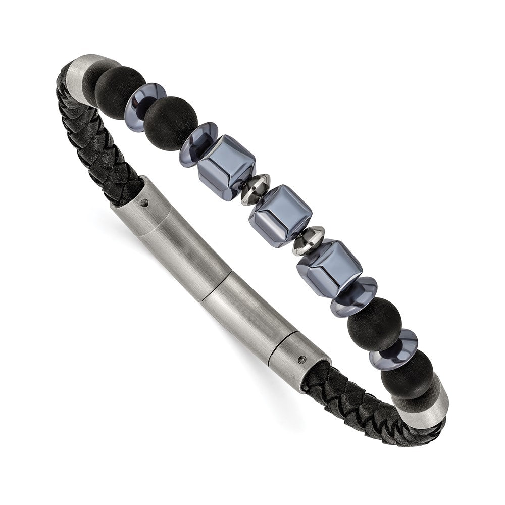 Chisel Stainless Steel Brushed Onyx and Hematite Beaded Black Leather 8 inch Plus .5 inch Extension Bracelet SRB3262-8