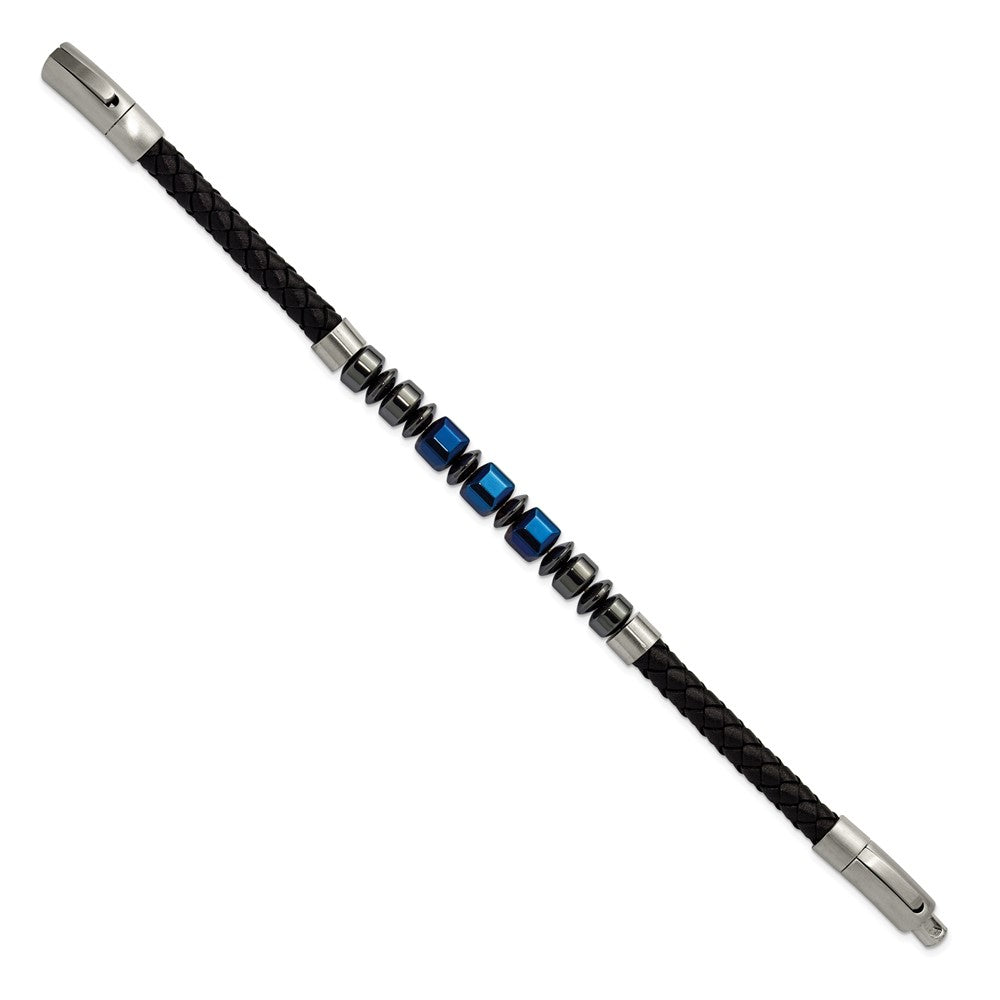 Chisel Stainless Steel Polished Blue-plated Onyx and Hematite Beaded Black Leather 8 inch Plus .5 inch Extension Bracelet SRB3263-8