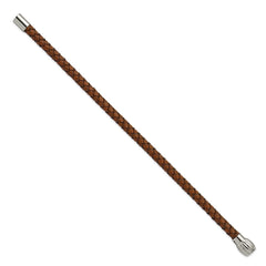 Chisel Stainless Steel Polished Brown Woven Leather 8.5 inch Bracelet SRB3266-8.5