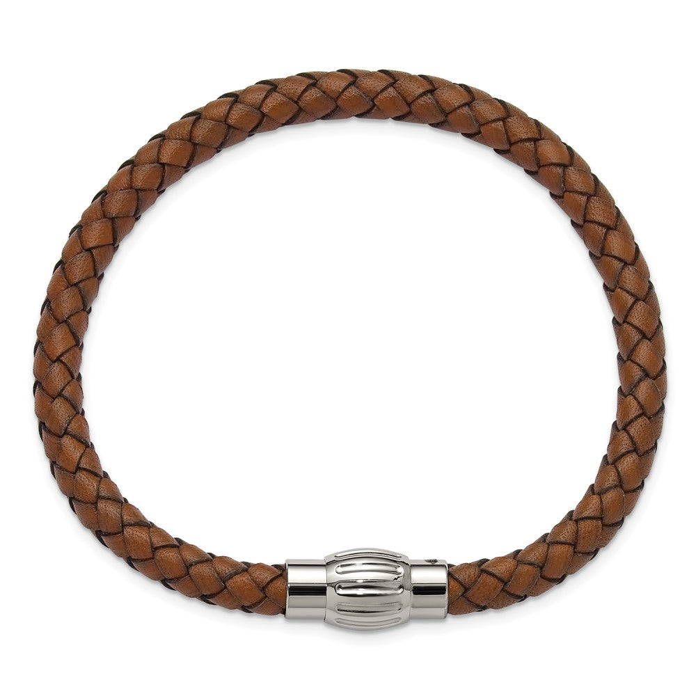 Chisel Stainless Steel Polished Brown Woven Leather 8.5 inch Bracelet SRB3266-8.5
