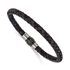 Chisel Stainless Steel Brushed and Polished Black Woven Leather 8.5 inch Bracelet SRB3268-8.5