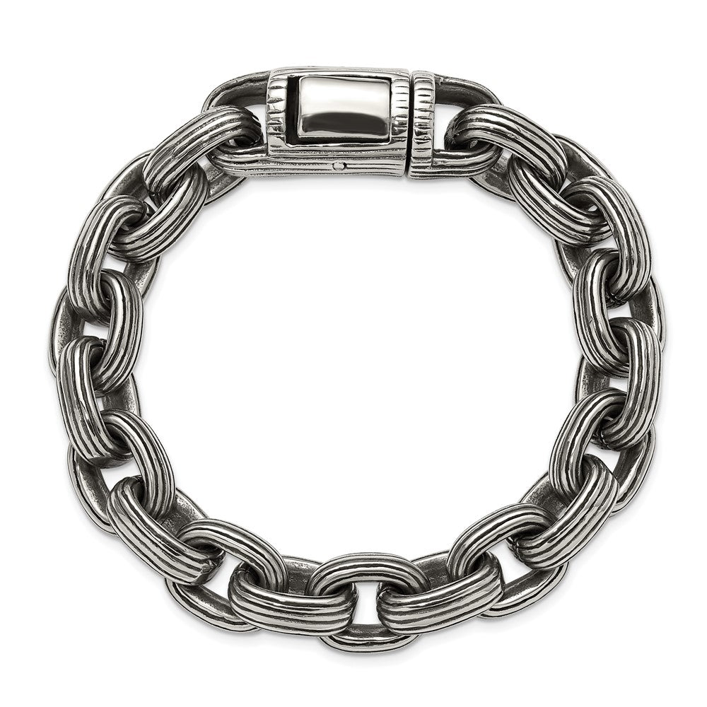 Chisel Stainless Steel Antiqued and Polished 8.5 inch Grooved Link Bracelet SRB3295-8.5
