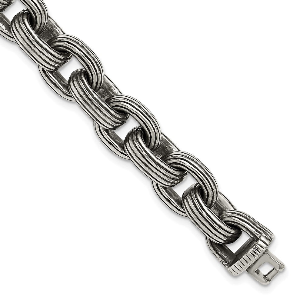 Chisel Stainless Steel Antiqued and Polished 8.5 inch Grooved Link Bracelet SRB3295-8.5