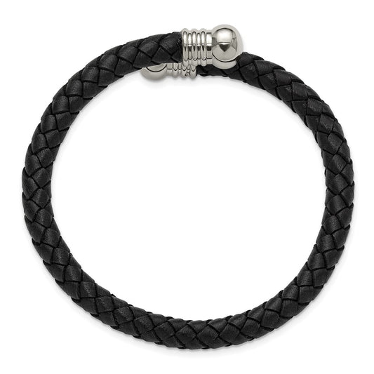 Chisel Stainless Steel Polished Black Leather Flexible Cuff Bangle SRB3297