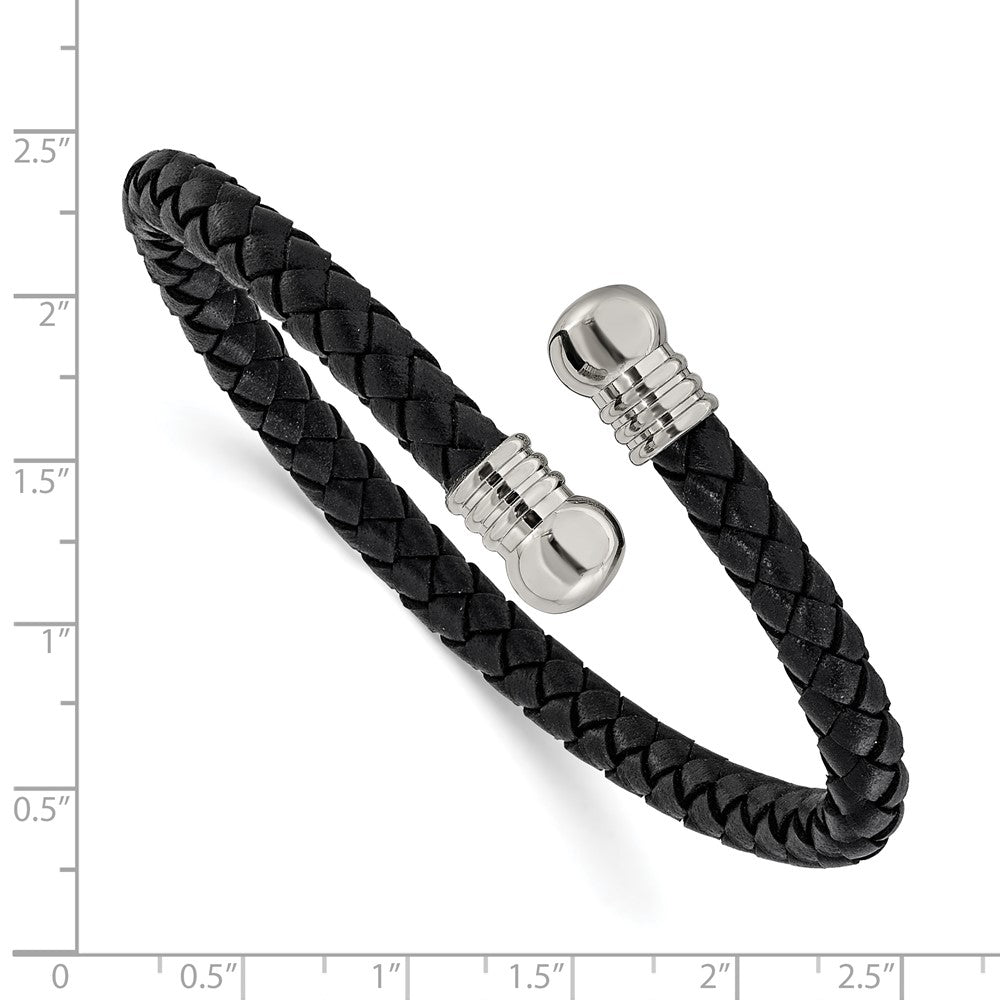 Chisel Stainless Steel Polished Black Leather Flexible Cuff Bangle SRB3297