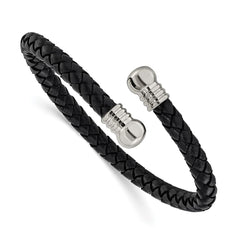 Chisel Stainless Steel Polished Black Leather Flexible Cuff Bangle SRB3297