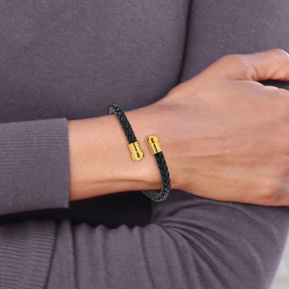 Chisel Stainless Steel Polished Yellow IP-plated  Black Leather Flexible Cuff Bangle SRB3298