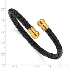 Chisel Stainless Steel Polished Yellow IP-plated  Black Leather Flexible Cuff Bangle SRB3298