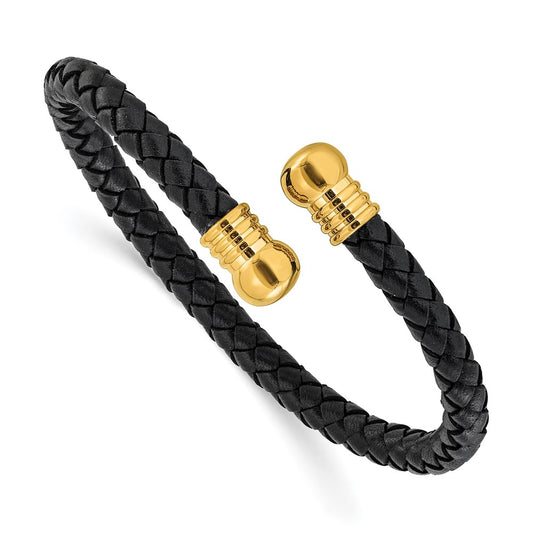 Chisel Stainless Steel Polished Yellow IP-plated  Black Leather Flexible Cuff Bangle SRB3298