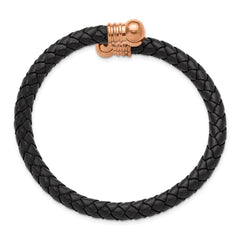 Chisel Stainless Steel Polished Rose IP-plated Black Leather Flexible Cuff Bangle SRB3299