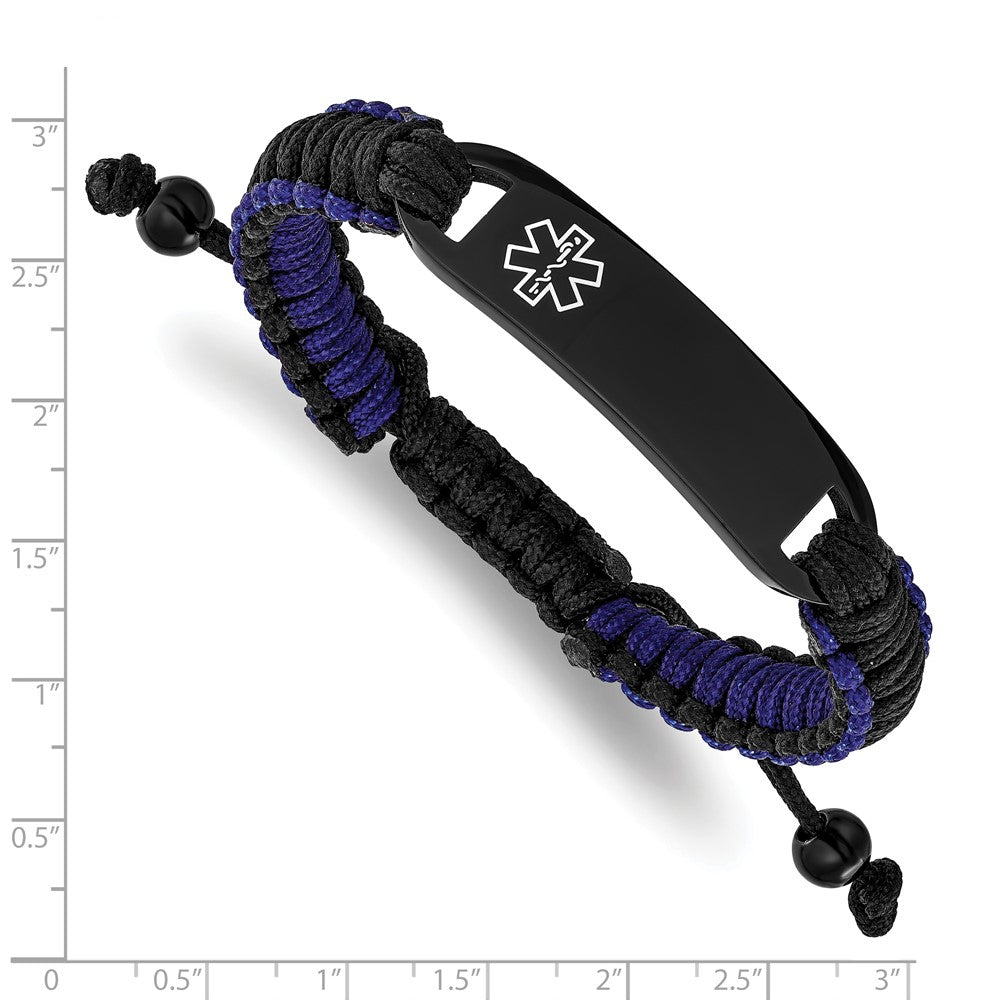 Chisel Stainless Steel Polished Black IP-plated and White Enamel Black and Blue Nylon 7.5 inch to 10.5 inch Adjustable Medical ID Bracelet SRB3314