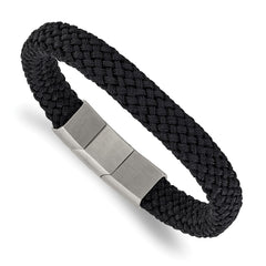 Chisel Stainless Steel Brushed and Polished Black Braided Nylon 8 inch Plus .5 inch Extension Bracelet SRB3319-8