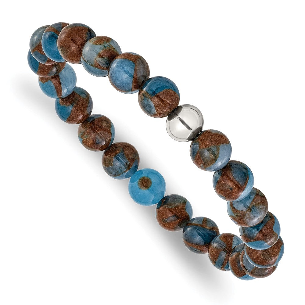 Chisel Stainless Steel Polished 8.5mm Blue and Gold Stone Beaded 6.5 inch Stretch Bracelet SRB3320