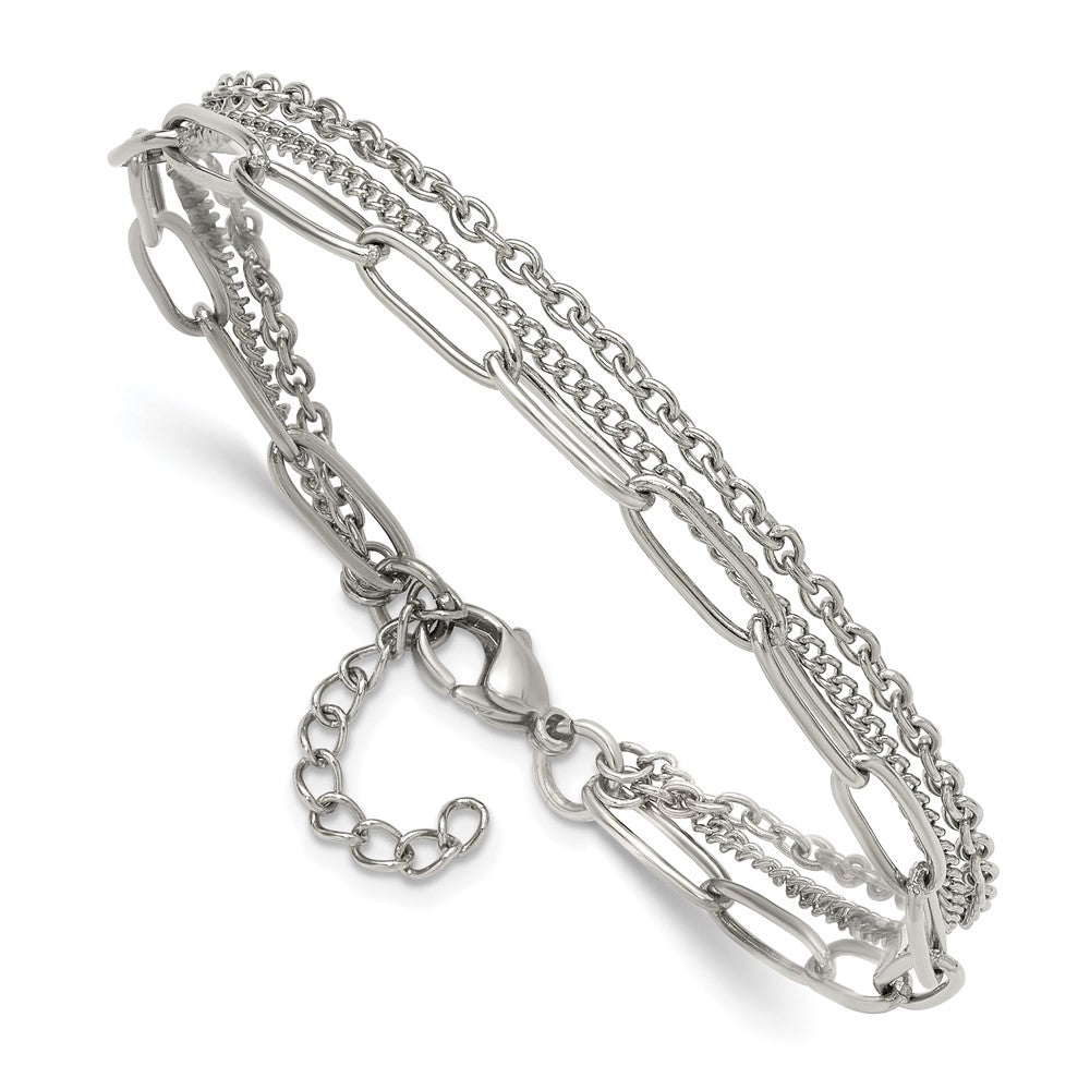 Chisel Stainless Steel Polished Multi-Strand Curb, Cable and Paperclip Link 7 inch Plus a 1.25 inch Extension Bracelet SRB3334-7