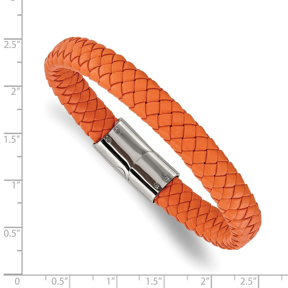 Chisel Stainless Steel Polished Braided Orange Leather 8.25 inch Bracelet SRB3367-8.25