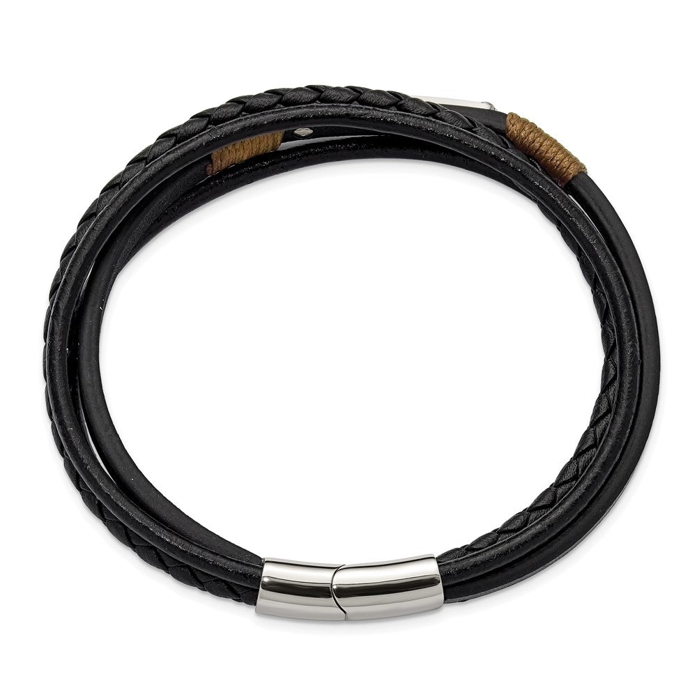Chisel Stainless Steel Polished Multi-Strand Black Leather 8.5 inch ID Bracelet SRB3368-8.5
