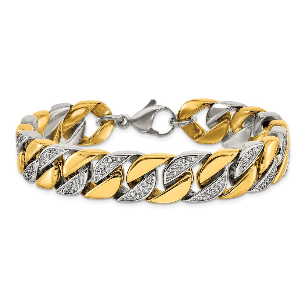Chisel Stainless Steel Polished Yellow IP-plated with CZ 14mm 9 inch Curb Link Bracelet SRB3377-9