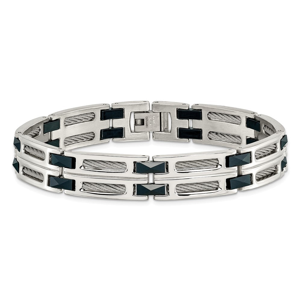 Chisel Stainless Steel Polished with Dark Blue Ceramic and Cable Inlay 8.75 inch Link Bracelet SRB338-8.75