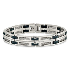 Chisel Stainless Steel Polished with Dark Blue Ceramic and Cable Inlay 8.75 inch Link Bracelet SRB338-8.75