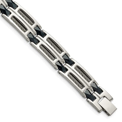 Chisel Stainless Steel Polished with Dark Blue Ceramic and Cable Inlay 8.75 inch Link Bracelet SRB338-8.75