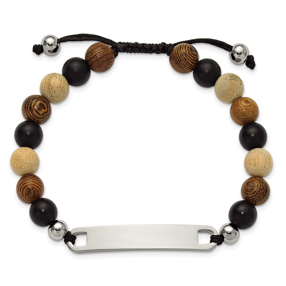 Chisel Stainless Steel Polished Camphor, Tigerwood and Onyx Beaded Black Nylon 6.75 inch to 8.5 inch Adjustable ID Bracelet SRB3407