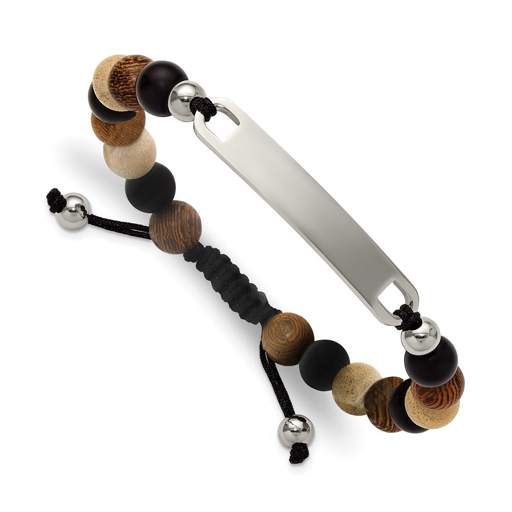 Chisel Stainless Steel Polished Camphor, Tigerwood and Onyx Beaded Black Nylon 6.75 inch to 8.5 inch Adjustable ID Bracelet SRB3407