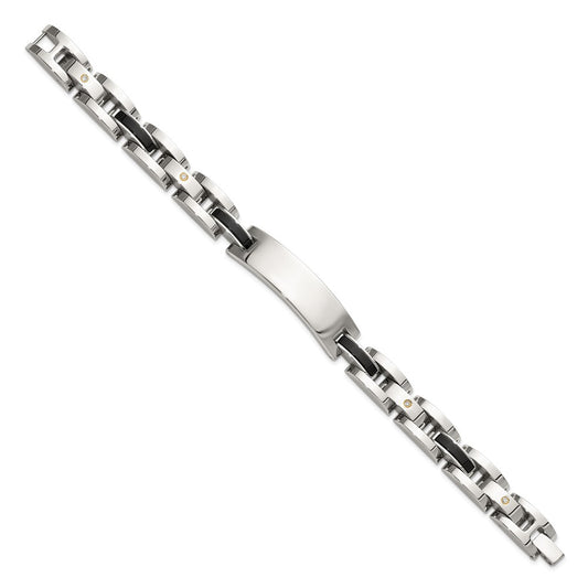 Chisel Stainless Steel Polished with 14K Gold Accent and 1/15ct. Diamond and Onyx 8.75 inch ID Bracelet SRB3411-8.75