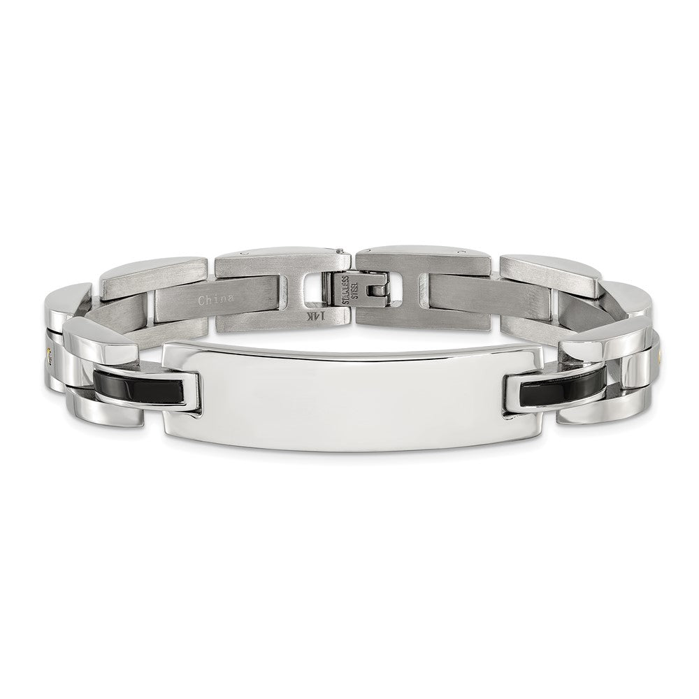 Chisel Stainless Steel Polished with 14K Gold Accent and 1/15ct. Diamond and Onyx 8.75 inch ID Bracelet SRB3411-8.75
