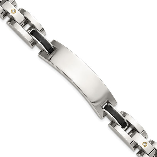 Chisel Stainless Steel Polished with 14K Gold Accent and 1/15ct. Diamond and Onyx 8.75 inch ID Bracelet SRB3411-8.75